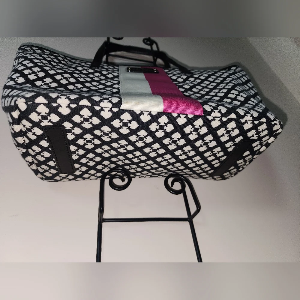Kate Spade Jaquard Floral Signature Black Pink Leather Purse Tote - Picture 5 of 11